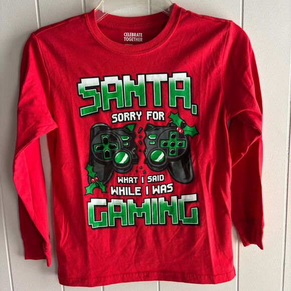 Celebrate Together Child Unisex Sz. M Holiday Festive Santa Gaming LS T-Shirt #F - Picture 1 of 3